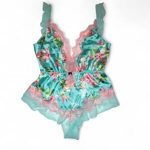 Rare Victoria’s Secret Deep VNeck Hawaiian Bodysuit Lingerie Blue Pink Small